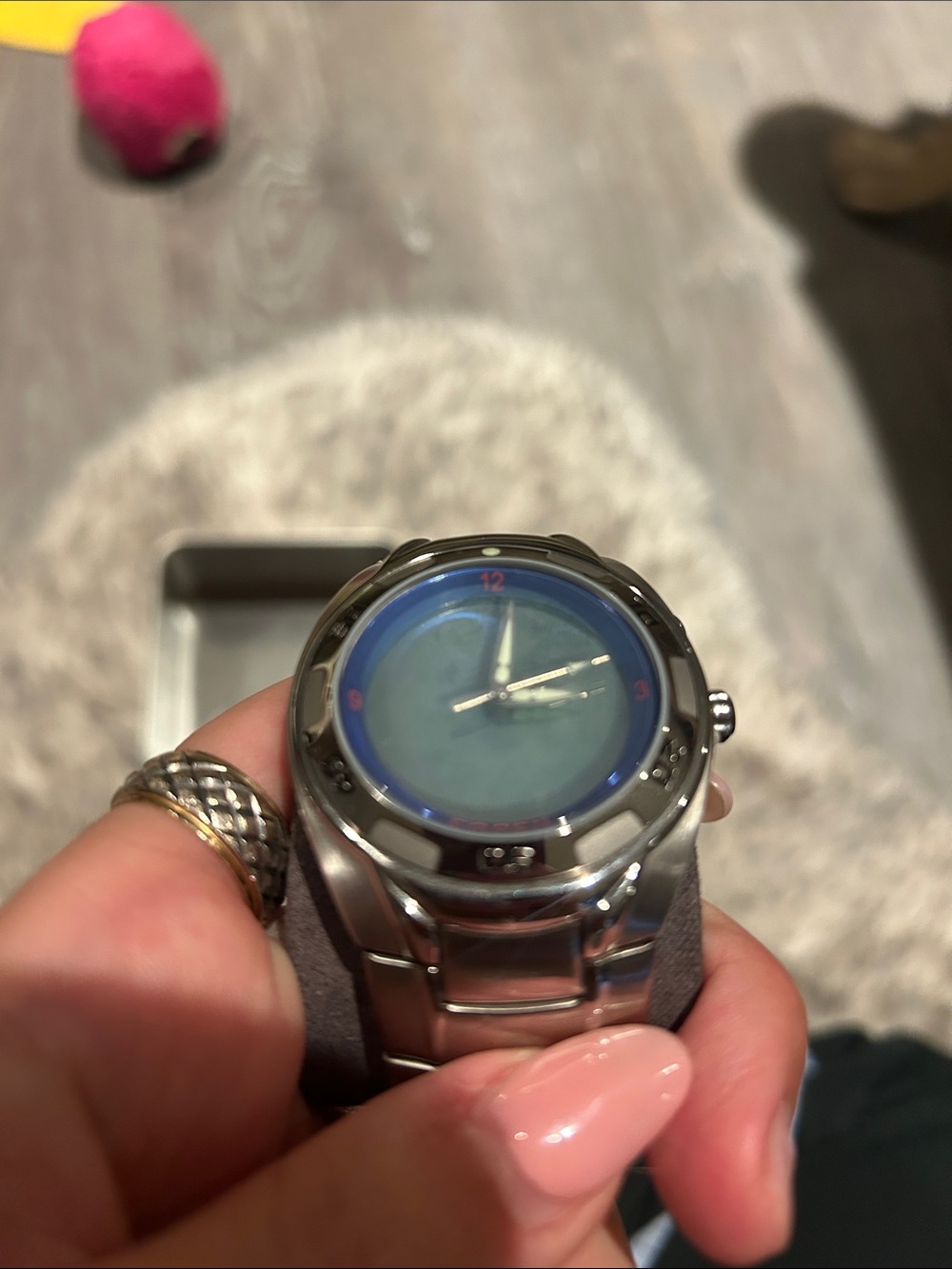 Fossil Silver Stainless Steel Watch with Blue Dial Ring Giants NFL collection - Picture 2 of 7